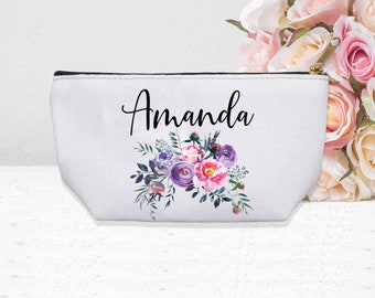 Floral Makeup Bag, Custom Makeup Bag, Wedding Makeup Bag, Makeup Bag Name, Name Cosmetic bag, Canvas Makeup Bag, Bridesmaid Clutch,