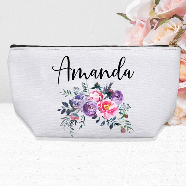 Floral Makeup Bag, Custom Makeup Bag, Wedding Makeup Bag, Makeup Bag Name, Name Cosmetic bag, Canvas Makeup Bag, Bridesmaid Clutch,