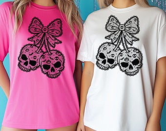Gothic Schwarzer Spitze Kirsche Schädel und kokett Bogen Halloween T-Shirt Komfort Farben Herbst Herbst Casual Wear Schwarze Spitze Einzigartig Etsy Shirts TS037