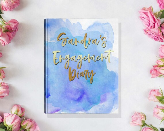 Blue Watercolor Engagement Journal Wedding Journal Gold Font Engagement Diary Personalized Engaged Wedding Notebook BJ003