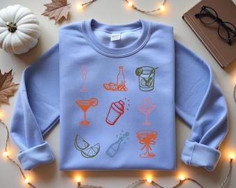 Retro Cocktail Sweatshirt Cocktail Drink Bartender Alcohol Shirts Hand Drawn Line Art Cocktail Drinks Top Sweatshirts SW019