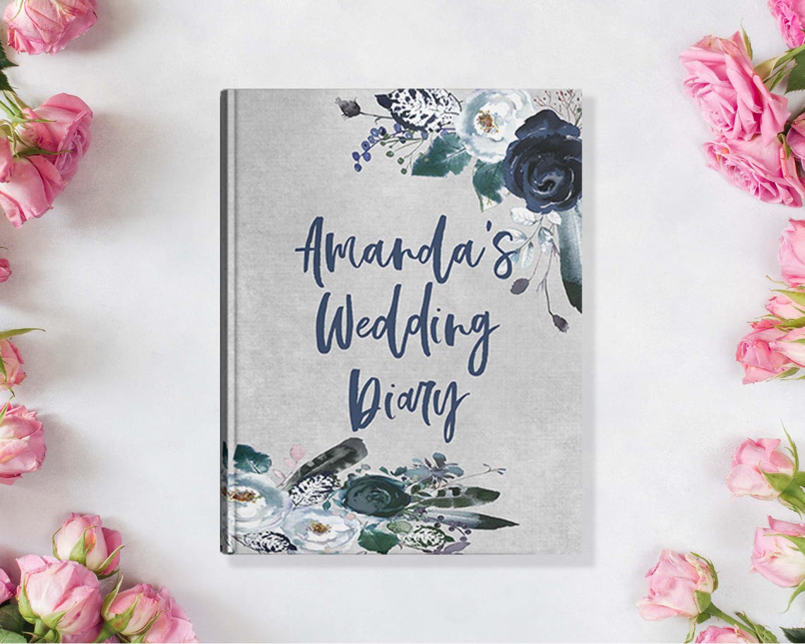 Engaged Journal Personalized Engagement Journal Dusty Blue Flowers and Feathers Wedding ...