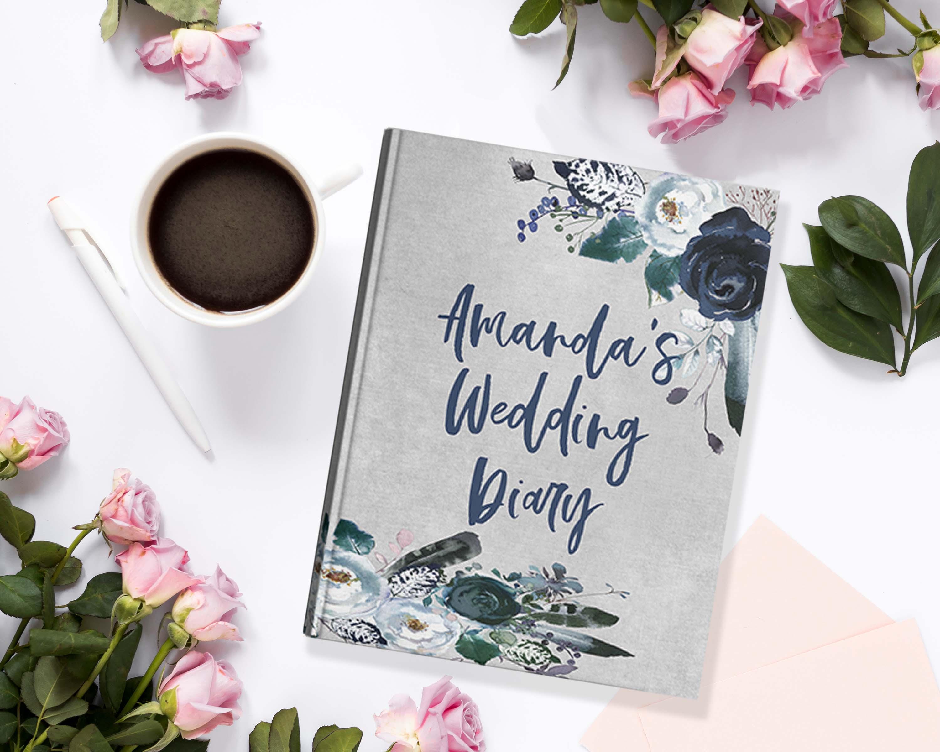 Engaged Journal Personalized Engagement Journal Dusty Blue Flowers and Feathers Wedding ...