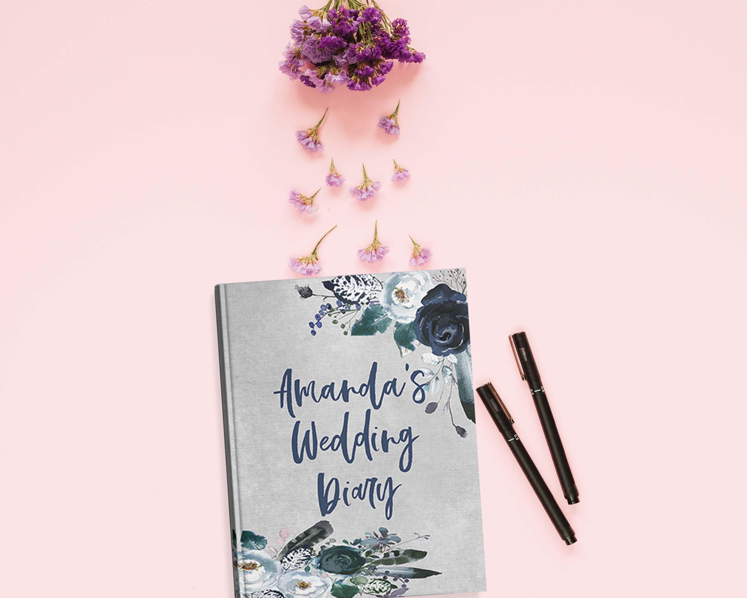 Engaged Journal Personalized Engagement Journal Dusty Blue Flowers and Feathers Wedding ...