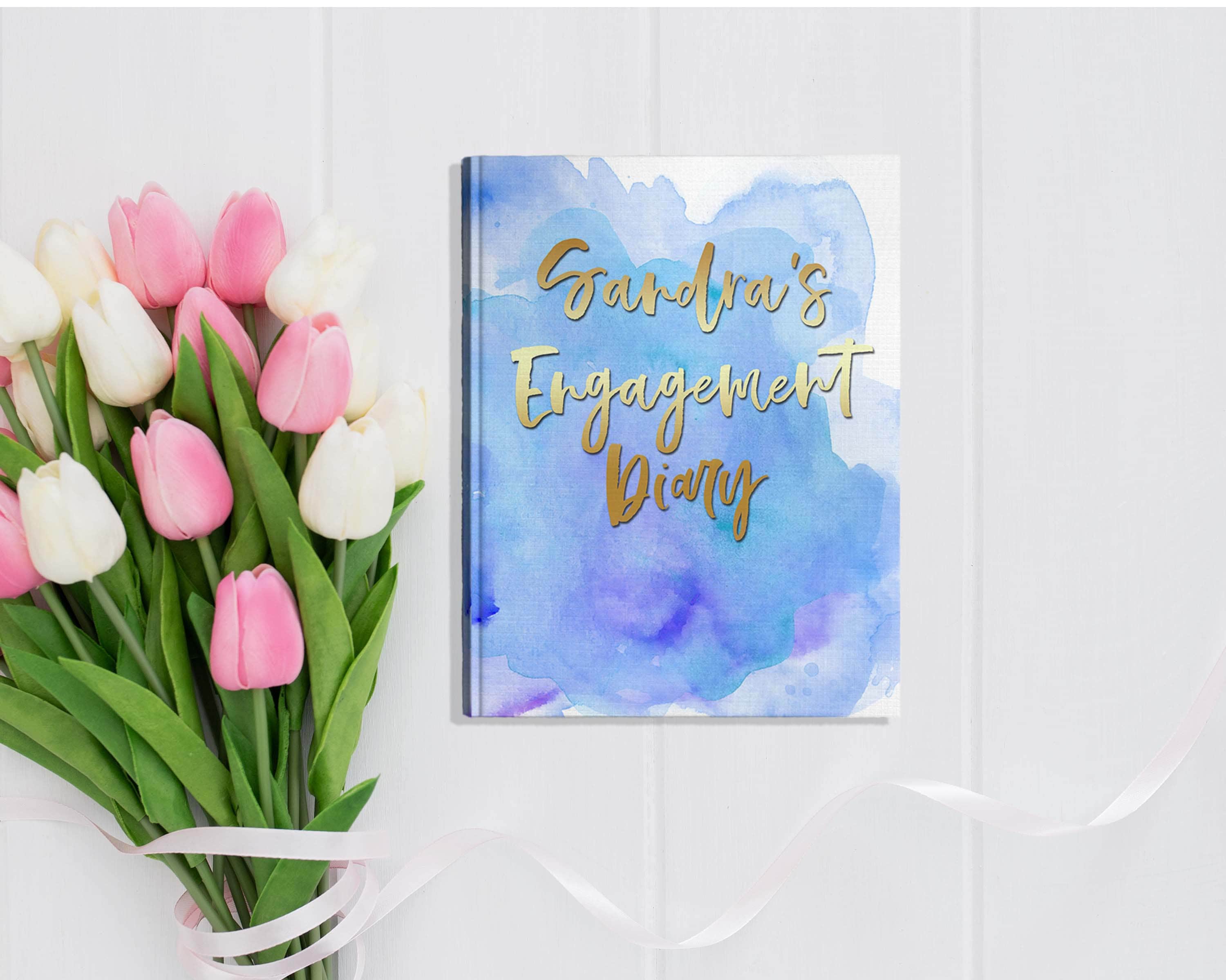 Engaged Journal Blue Watercolor Engagement Journal Wedding Journal Gold Font Engagement ...