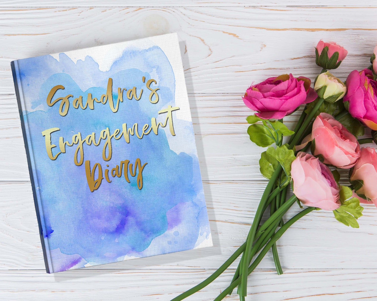 Engaged Journal Blue Watercolor Engagement Journal Wedding Journal Gold Font Engagement ...