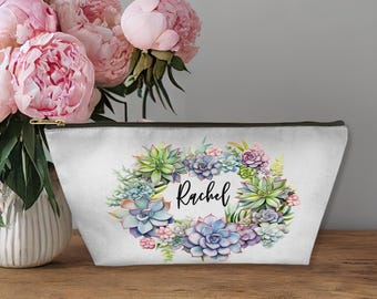 Personalized Succulent Monogram Makeup Bags Monogrammed Cosmetic Bags Cute Make up Bag Organizer Travel Toiletry Bags for Women Teens AP007