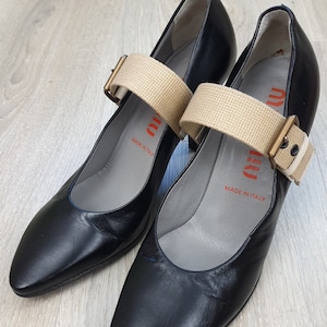 Miu Miu made in Italy top luxury women&#39;s all genuine leather heels shoes with special strap,black color,beige strap,size EU-35