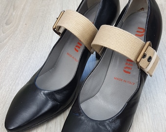 Miu Miu made in Italy top luxury women&#39;s all genuine leather heels shoes with special strap,black color,beige strap,size EU-35