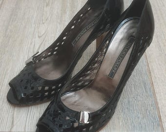 Studio Pollini イタリア製 高級ヴィンテージ レディース パテントレザー ヒール シューズ、ブラック、サイズ EU-36.5
