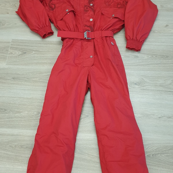 Combinaison de ski femme vintage K2, couleur rouge avec ornements, taille 40