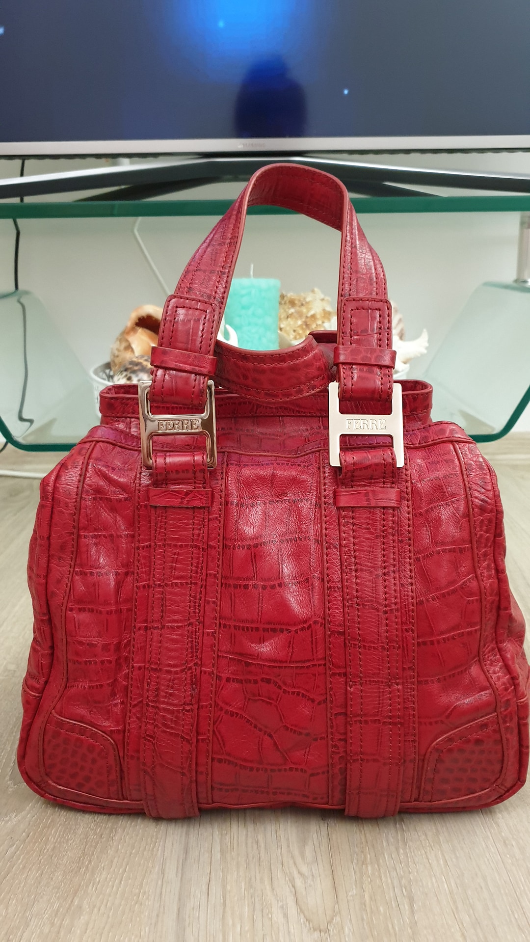 Ferre Linea Magnolia Luxury Cow Leather Women's Handbag,color Red