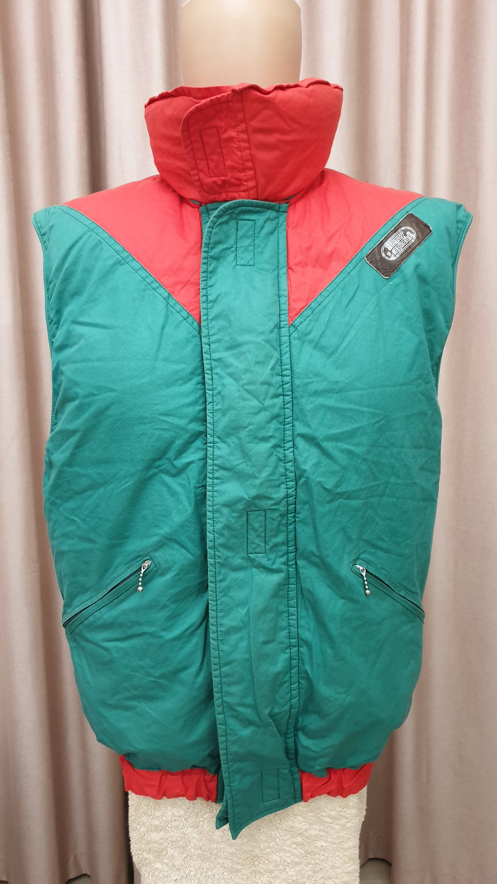 Henry Laplaud RARE made in France vintage 80' women's winter down vest,color green/red, size M
