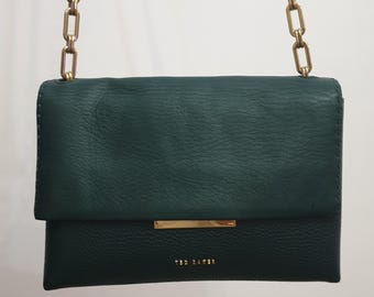 Ted Baker luxury women's genuine leather shoulder bag,dark green color,gold color hardware