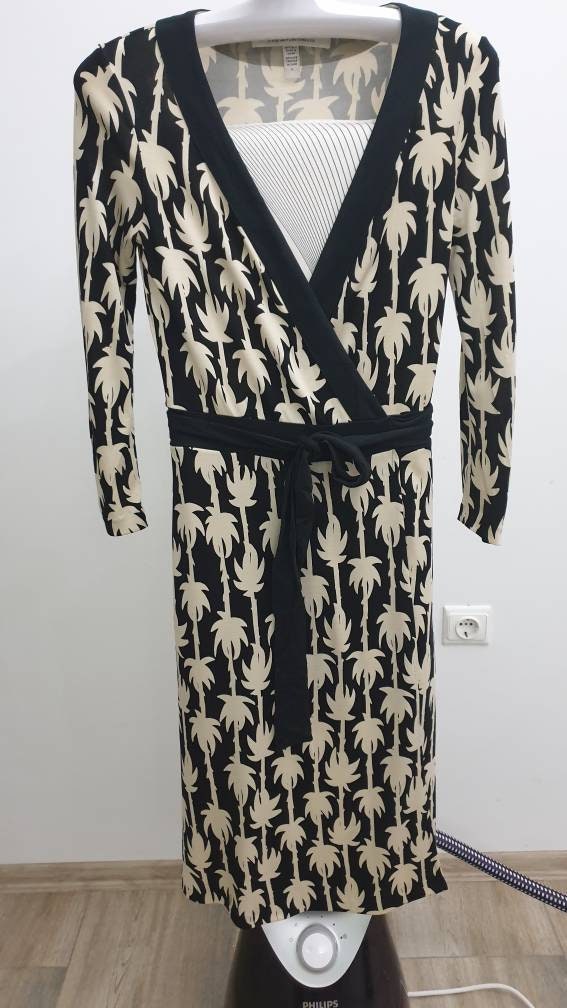 Robe Fourreau Diane Von Furstenberg En Soie - Imprimé Palmier Noir - Taille 4 - Occasion Très Bon état