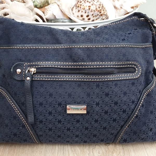 Coccinelle luxe dameshandtas, hoge kwaliteit, dikke stof met logo's en echt leer, donkerblauw, maat medium