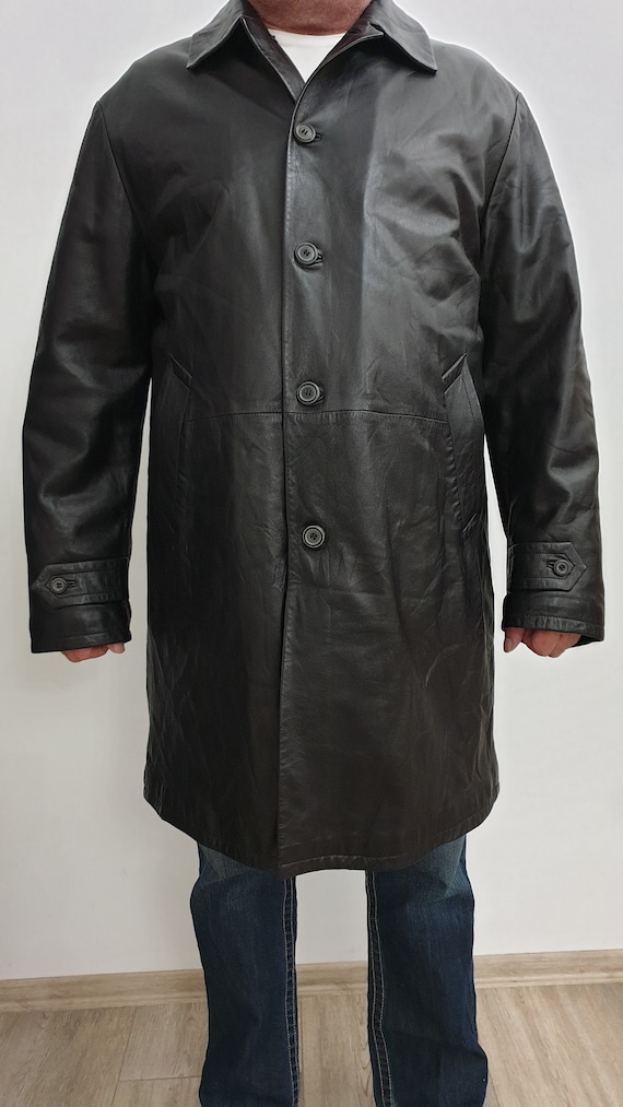 Manteau En Cuir Noir Versus Taille 52IT - Occasion Très Bon état - Fermeture Boutons