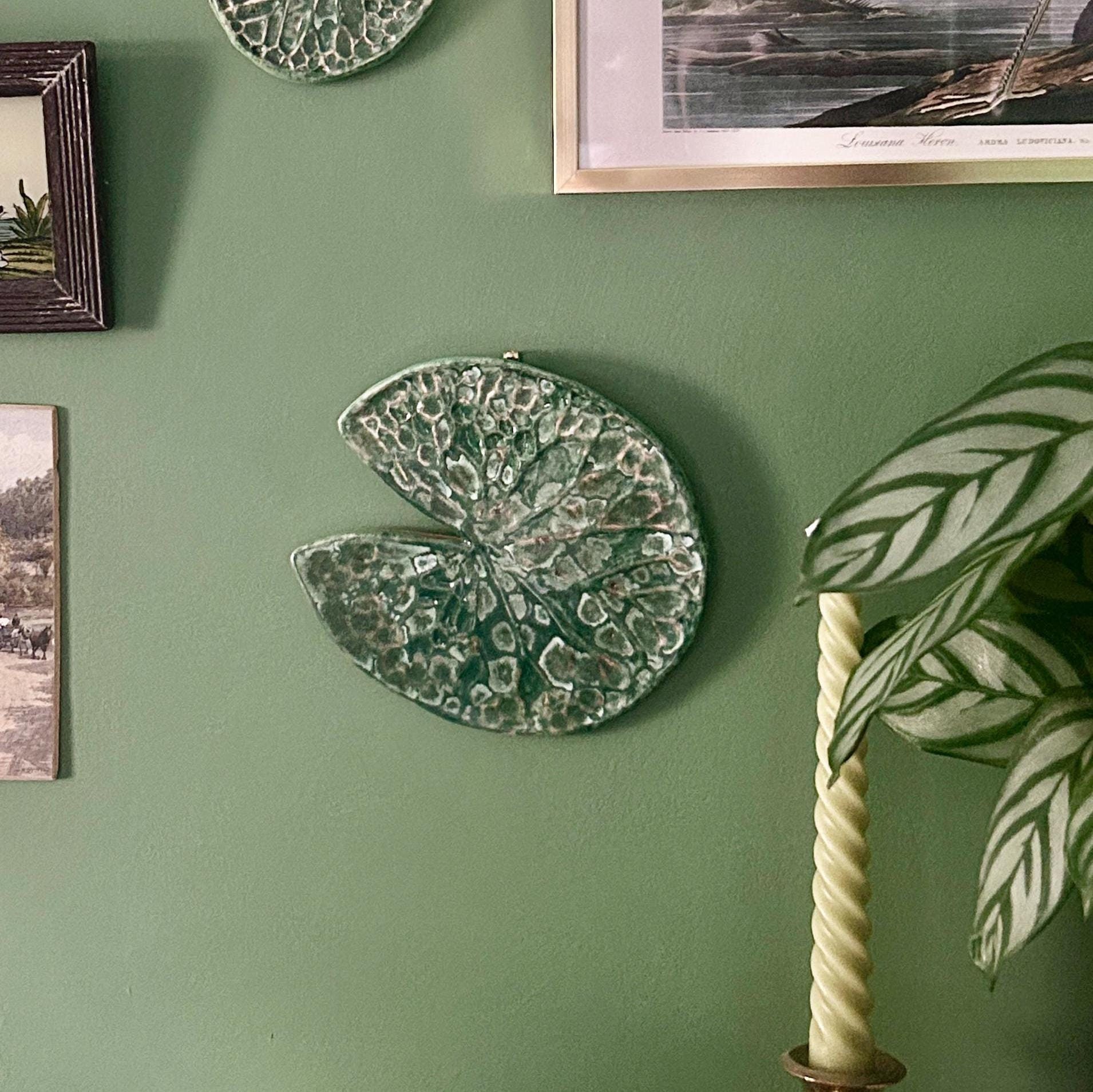 Ceramic Lily Pad Wall Art – Crackled Green Glass Pottery | Eclectic Cottagecore Hanging Decor Folk Art Maximalist Plant Inspired Home Decor