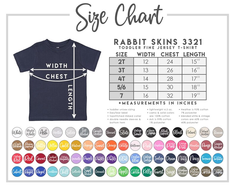 May include: Size chart for toddler fine jersey t-shirts from Rabbit Skins, showing width, chest, and length measurements in inches for sizes 2T, 3T, 4T, 5/6, and 7.