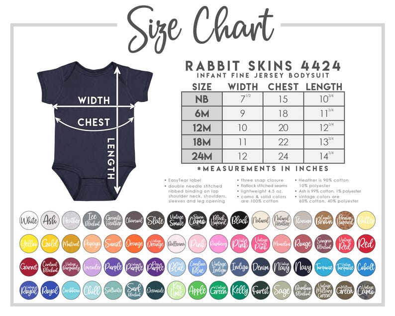 Puede incluir: Tabla de tallas para bodies de punto fino para beb&eacute;s, de las tallas NB a 24M. La tabla muestra las medidas de ancho, pecho y largo en pulgadas. La tabla est&aacute; etiquetada como "Rabbit Skins 4424".