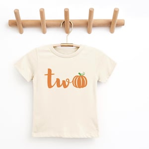 May include: Cream-colored toddler t-shirt with the word "two" in orange script, accompanied by an orange pumpkin graphic with a green stem. The shirt hangs on a wooden hanger suspended from a wooden rack.