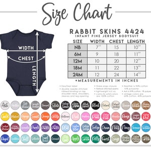 May include: Size chart for infant bodysuits in sizes NB to 24M. The chart shows width, chest, and length measurements in inches. The bodysuit is shown in navy blue with white text. The chart also includes information about the fabric composition and care instructions.