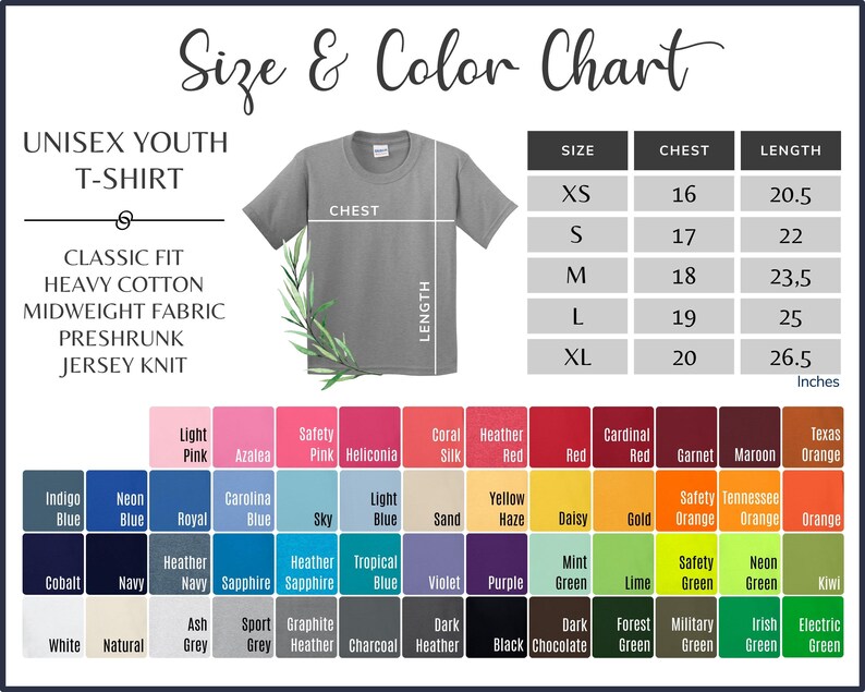 Puede incluir: Tabla de tallas para una camiseta unisex para j&oacute;venes con una maqueta de camiseta gris. La tabla muestra las tallas XS a XL con las medidas de pecho y longitud correspondientes en pulgadas. Una tabla de colores a continuaci&oacute;n muestra una variedad de colores para la camiseta.