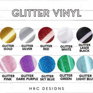 Puede incluir: Una tabla que muestra 10 colores diferentes de vinilo de purpurina. Los colores son dorado, plateado, rojo, blanco, negro, rosa, morado oscuro, azul cielo, verde y azul claro.