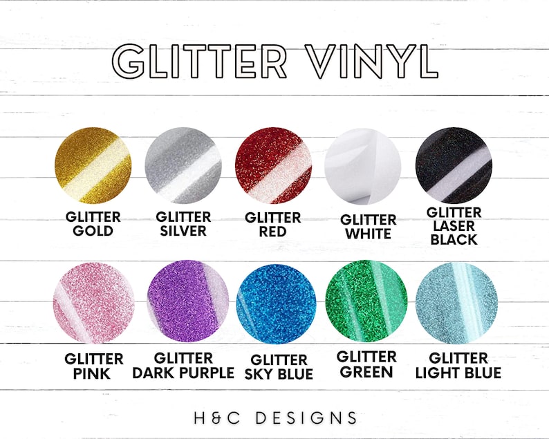 Puede incluir: Una tabla que muestra 10 colores diferentes de vinilo de purpurina. Los colores son dorado, plateado, rojo, blanco, negro, rosa, morado oscuro, azul cielo, verde y azul claro.