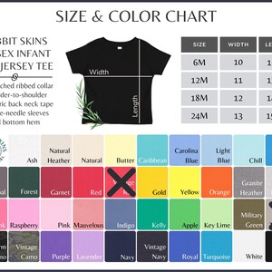 Puede incluir: Tabla de tallas y colores para camisetas de punto fino unisex para beb&eacute;s. La tabla muestra las tallas 6M, 12M, 18M y 24M con las medidas de ancho y largo correspondientes en pulgadas. La tabla de colores muestra una variedad de colores, incluyendo gris jaspeado natural, carb&oacute;n, bosque, granate, rojo, dorado, amarillo, naranja, gris jaspeado granito, rosa intenso, frambuesa, rosa, malva, &iacute;ndigo, kelly, manzana, lima, verde militar, camuflaje storm, camuflaje vintage, morado, lavanda, azul marino, azul real, turquesa, blanco y negro.