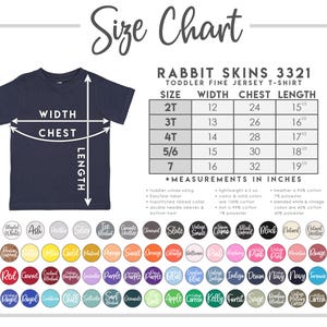 Puede incluir: Tabla de tallas para camisetas de punto fino para ni&ntilde;os peque&ntilde;os de Rabbit Skins, que muestra las medidas de ancho, pecho y largo en pulgadas para las tallas 2T, 3T, 4T, 5/6 y 7.