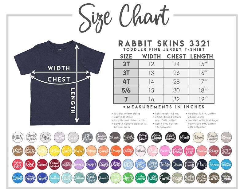 Puede incluir: Tabla de tallas para camisetas de punto fino para ni&ntilde;os peque&ntilde;os de Rabbit Skins, que muestra las medidas de ancho, pecho y largo en pulgadas para las tallas 2T, 3T, 4T, 5/6 y 7.