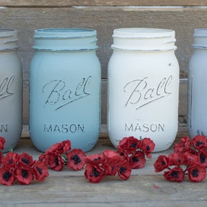 Grey, teal, creamy white and blue set of 4 hand painted mason jars