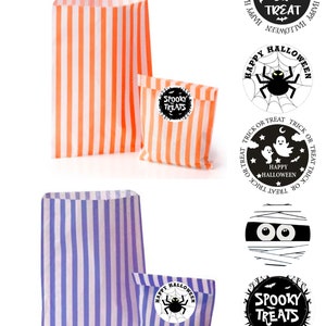 Sacchetti per feste in carta dolce di Halloween arancione e bianco con adesivi da 35 mm - confezione da 25