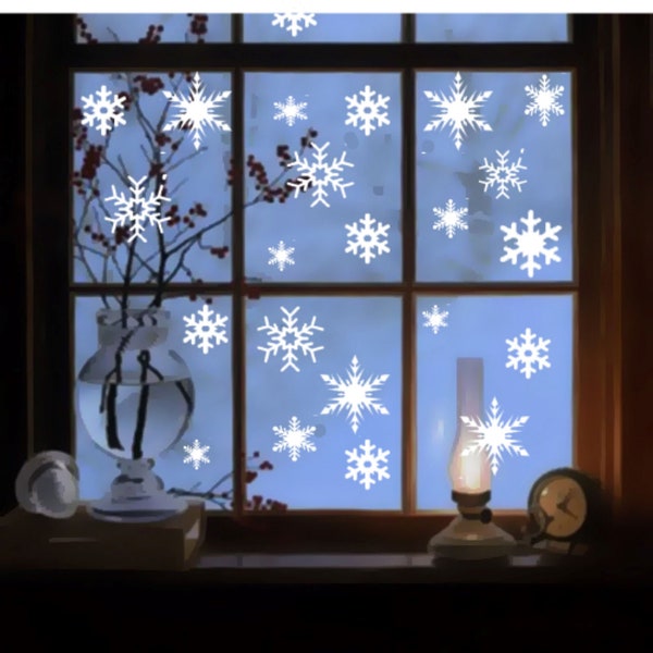 16,32,48,64 or 80 Snowflake Window Vinyl Clings Christmas Stickers - Reusable Decorations