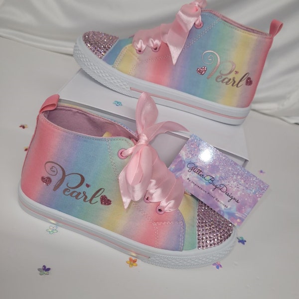 Personalised Rainbow Pumps 'High to Converse Style' White Crystal Rhinestone Bling *New*