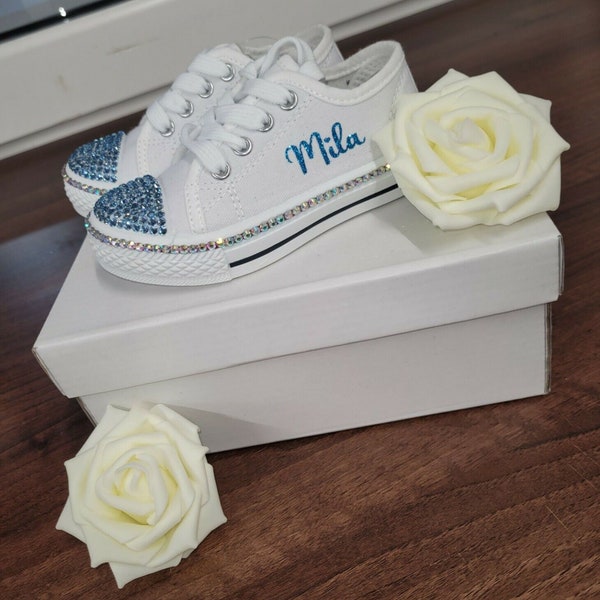 Personalised Custom Kids White Canvas Pumps Crystal Rhinestone Size 6 To 2 *New*