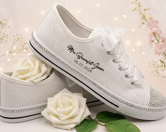 Personalised Wedding trainers 'Converse Style' White Crystal Rhinestone Bling *New*