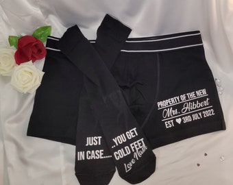 Set de regalo para novios Boxers y calcetines personalizados, regalo de boda, regalo de novio, regalo de aniversario, en caso de que tengas los pies fríos