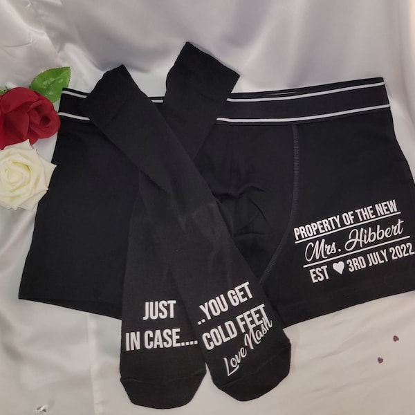 Set de regalo para novios Boxers y calcetines personalizados, regalo de boda, regalo de novio, regalo de aniversario, en caso de que tengas los pies fríos