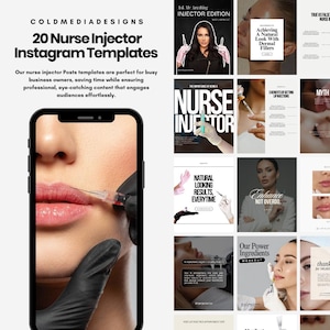 Könnte beinhalten: Werbebild für "20 Nurse Injector Instagram Vorlagen" von Cold Media Designs. Das Bild zeigt ein Smartphone, das ein Lippeninjektionsverfahren anzeigt, umgeben von verschiedenen Instagram-Post-Vorlagen. Die Vorlagen enthalten Text wie "Ask Me Anything" und "Natural Looking Results, Everytime."