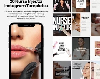 Puede incluir: Imagen promocional de "20 Plantillas de Instagram para Inyectores de Enfermería" de Cold Media Designs. La imagen presenta un teléfono inteligente que muestra un procedimiento de inyección de labios, rodeado de varias plantillas de publicaciones de Instagram. Las plantillas incluyen texto como "Ask Me Anything" y "Natural Looking Results, Everytime."