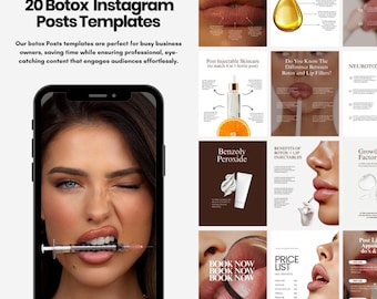 May include: A promotional image for "20 Botox Instagram Posts Templates" by Cold Media Designs. The image features a smartphone displaying a woman with a syringe in her mouth, surrounded by examples of the templates. The templates cover topics like skincare and lip fillers.