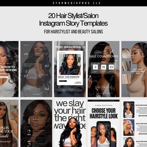 Puede incluir: Veinte plantillas de historias de Instagram para estilistas y salones de belleza. Las plantillas presentan una variedad de diseños, que incluyen un temporizador de cuenta regresiva, un gráfico de resultados después del lavado y un gráfico con el texto "we slay your hair the right way".