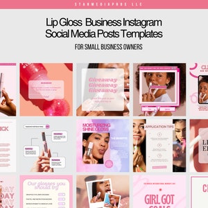 May include: A set of Instagram post templates designed for lip gloss businesses. The templates feature a variety of designs with pink and white backgrounds, showcasing lip gloss products, application tips, and customer testimonials. The text includes phrases such as "Moisturizing Shine Gloss", "Juicy Lip Stick Benefits", "Giveaway", and "Girl Got Goals".
