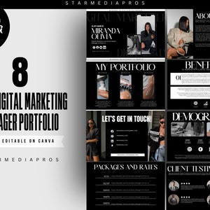 8 Page Digital Marketer Portfolio | Black Portfolio | Digital Marketing | Social Media Manager Portfolio | Editable Template | Canva