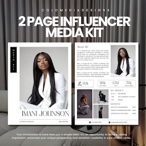 Könnte beinhalten: Ein zweiseitiges Influencer-Medienkit mit professionellem Design. Das Kit zeigt ein Porträt einer Frau in einem weißen Blazer sowie wichtige Kennzahlen, Dienstleistungen und Kontaktinformationen. Der Text enthält den Namen "IMANI JOHNSON" und den Satz "2 PAGE INFLUENCER MEDIA KIT."