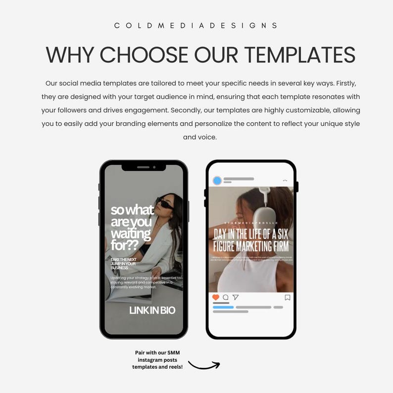 May include: Two phone screen mockups showing social media post templates. The left mockup shows a woman wearing sunglasses with the text "so what are you waiting for??" and "TAKE THE NEXT JUMP IN YOUR BUSINESS". The right mockup shows a woman wearing a white tank top with the text "DAY IN THE LIFE OF A SIX FIGURE MARKETING FIRM". Both mockups have a black background and a white border.