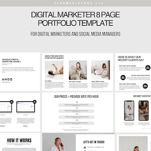 May include: A digital marketing portfolio template with a minimalist design. The template includes sections for about the agency, pricing, client testimonials, and client stories. The template is designed for digital marketers and social media managers.
