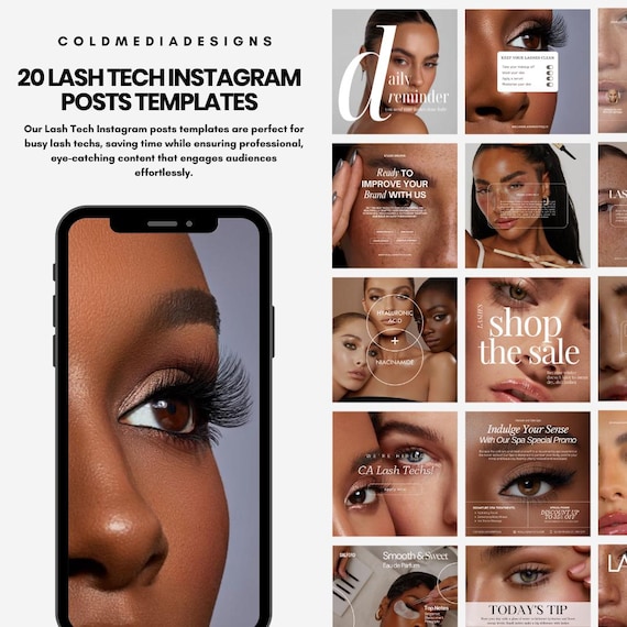 20 Sleek Lash Tech Instagram Posts Templates | Lash Quotes | Lash Posts | Lash Tech Branding | Canva Templates Editable